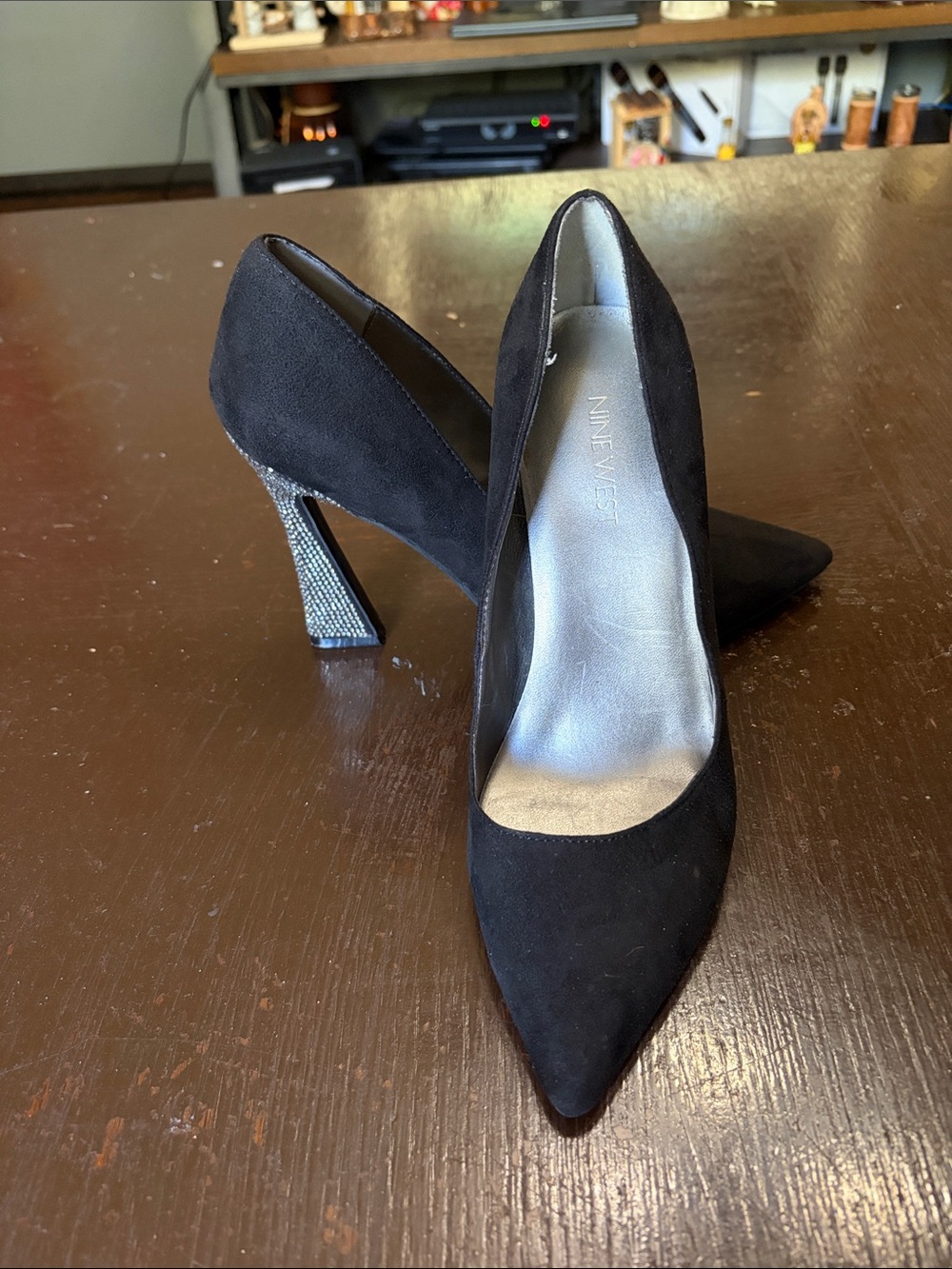 Nine West Black Suede Pointed-Toe Pumps with Sparkling Heel